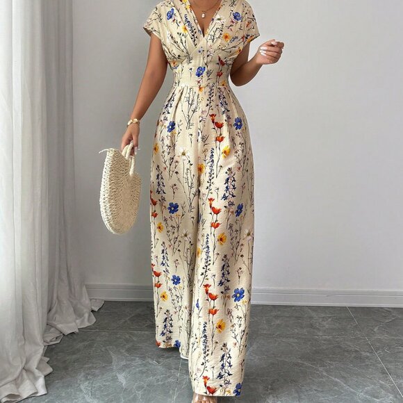 Pants - Apricot Boho Women's V-Neck Printed Jumpsuit